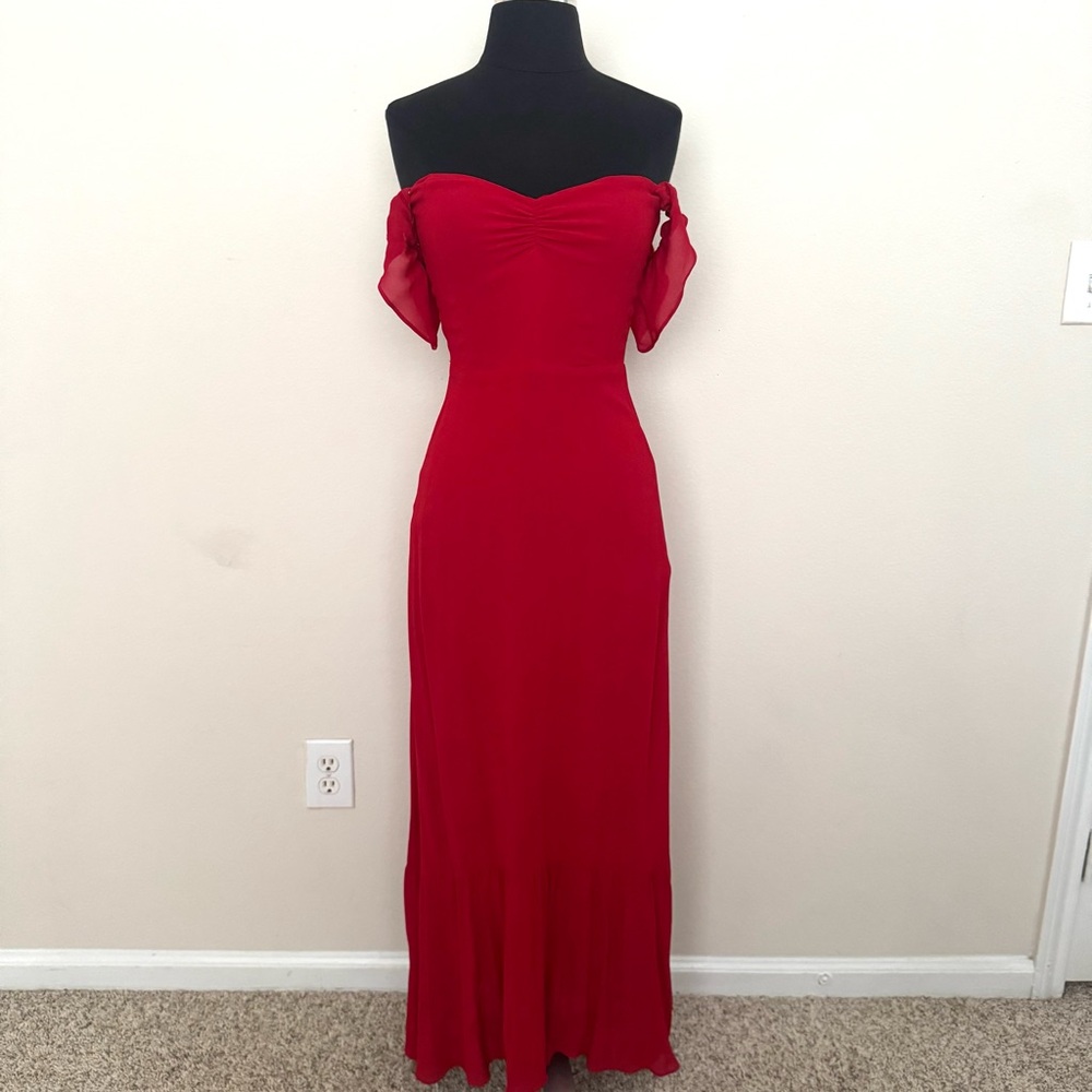 Reformation Red Off-Shoulder Butterfly Flutter Sleeve Midi Dress Size 0 - Picture 5 of 12